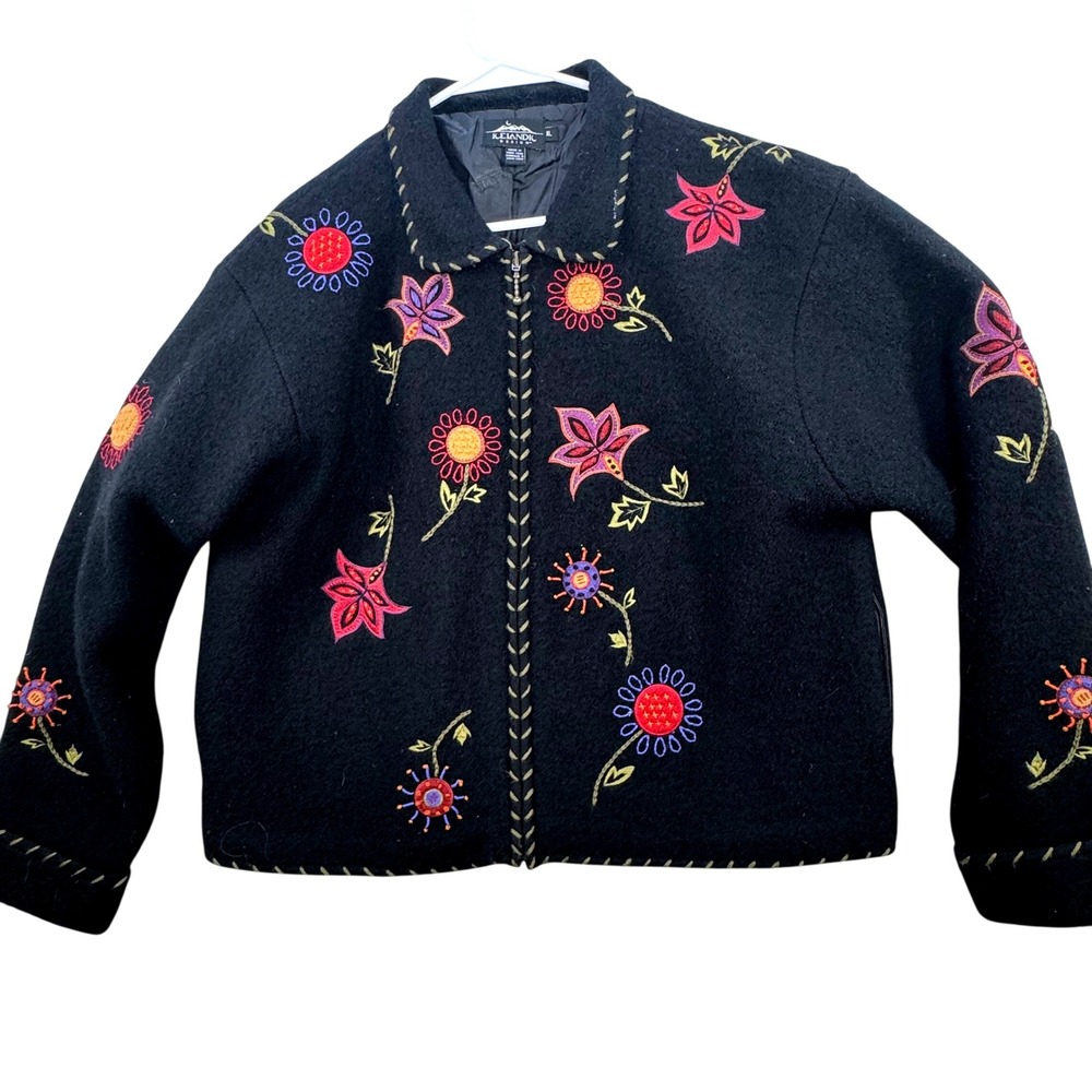 Icelandic Design Jacket Womens XL Black Embroidered Floral Wool Blend Nordic